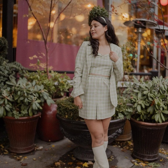Reworked 60s vintage green plaid 4 piece set blazer, top, skirt and belt - Picture 5 of 8
